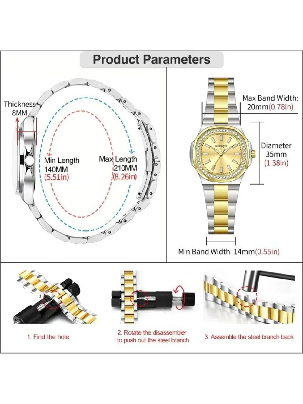 Women's Silver Gold Crystal Accented Solid Stainless Steel Band Wrist Watch